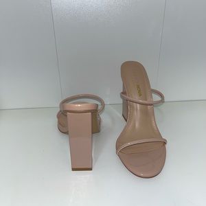 Patent nude mules, chunky heel